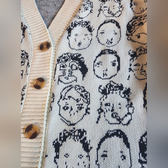 Sweaters - Funny Face Knit Granny Core Button Up V-Neck Loose Comfy Cardigan Statement